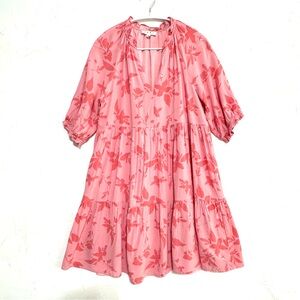 THML Pink Floral Mini Dress Tiered Babydoll Puff Sleeve